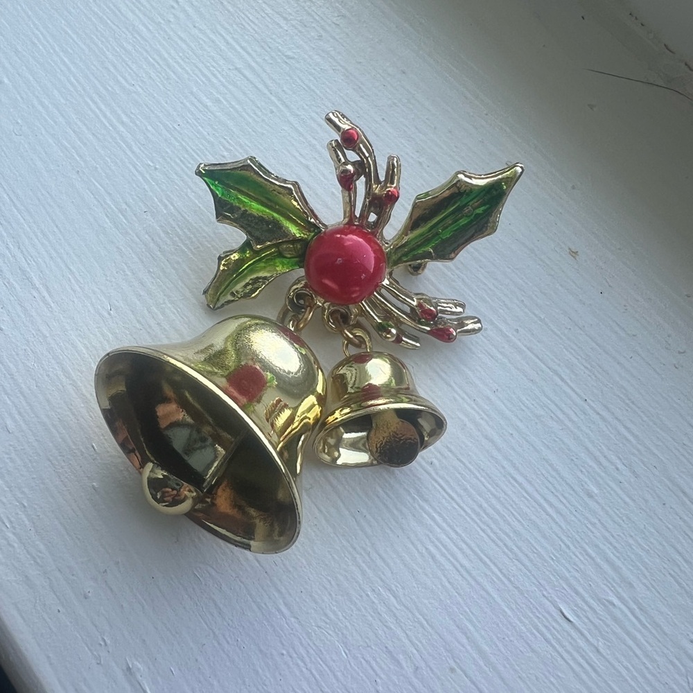 Festive Gold and Red vintage Bell and Holly Brooch